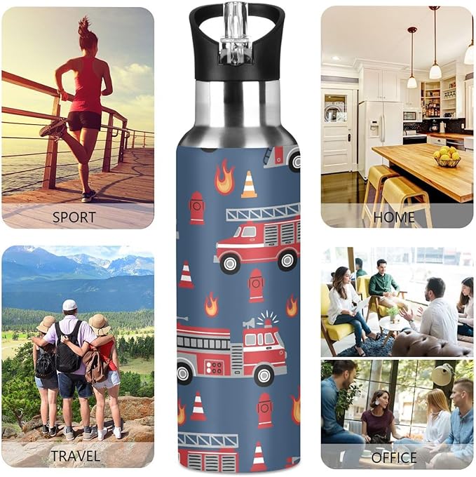 Fire Trucks Water Bottle with Straw Lid Kids Insulated Stainless Steel Water Flask Sports, 20 Oz Hot Cold