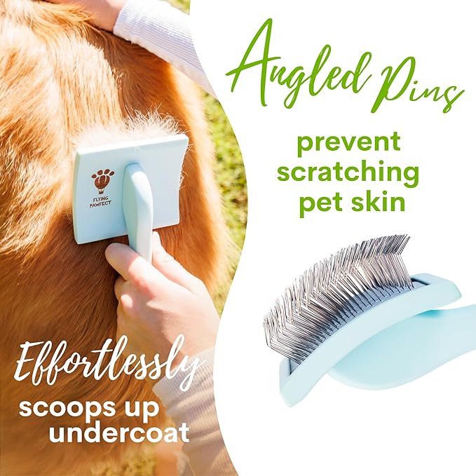 Pet Slicker Brush With Soft Massage Grooming Stainless Steel Pins - For Dematting, Shedding Fur, and Undercoat - Ideal Gift for Professional Pet Groomers - Long Slicker Brush - Flying Pawfect