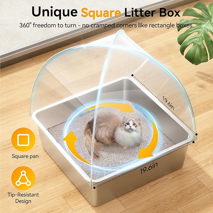 Meowant Stainless Steel Cat Litter Box with Lid, Extra Large Square 3-in-1 Enclosed Metal Litter Box with High-Sided Oxford Fabric Cover, Metal Scoop, Odorless, Non-Sticky,Leak-Resistant,Easy to Clean