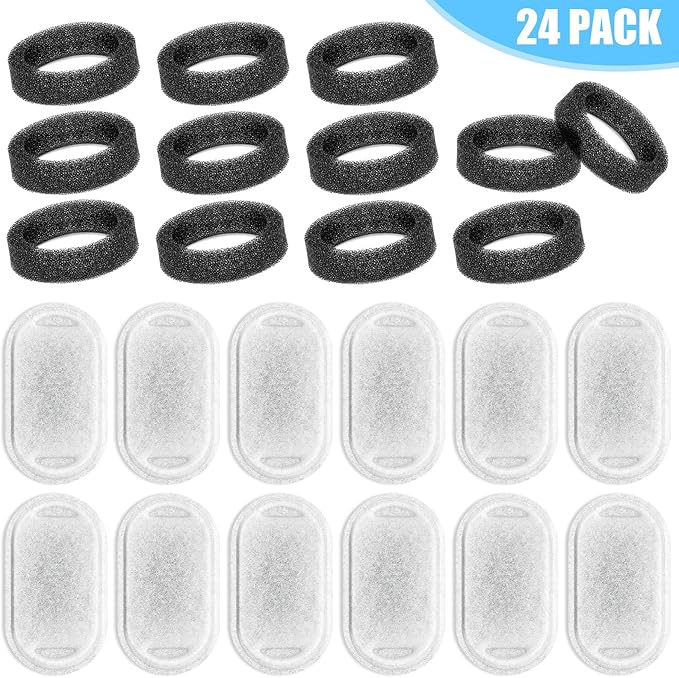 Cat Water Fountain Filter Replacement, 12 Pcs Cat Filters Pet Water Fountain Filters with 12 Pcs Sponges Foam for 67oz/2L & 108oz/3.2L Stainless Steel Automatic Cat Water Fountain Dispenser Filters