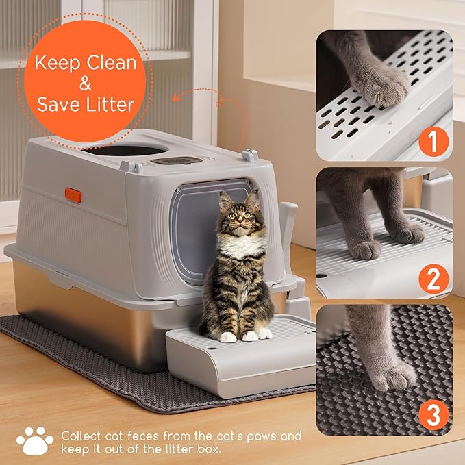 Citylife Stainless Steel Cat Litter Box with Lid, Front & Top Entry Extra Large Metal Kitty Litter Box Enclosure with Scoop & Double Layer Mat, Anti-Leakage, Non-Sticky, Light Grey