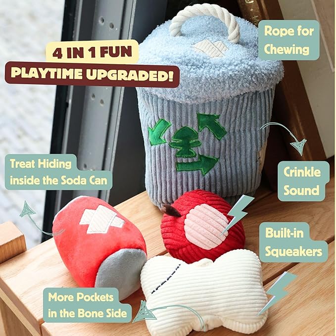 Squeaky Dog Toy, Interactive Plush Hide & Seek Puzzle Toys for Small Medium Large Dogs â Treat Dispenser 4-in-1 Durable Chew Toy, Dog Birthday for Dog Gifts (Trash Can)