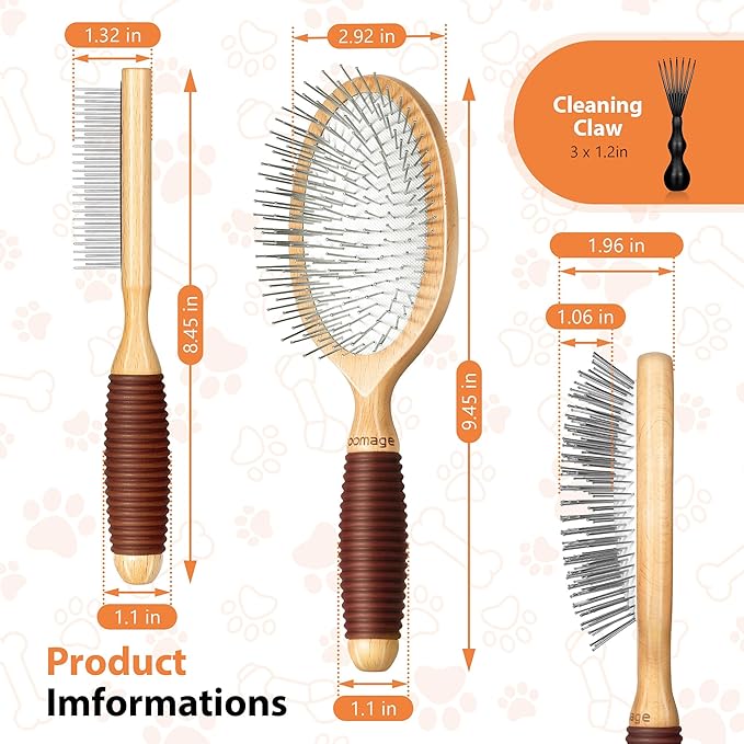 Dog Brush for Long Haired Dogs, 27mm Extra Long Metal Pin Dog Deshedding Brush and Comb Set, Short Haired Shedding Grooming Detail Pets Brush Set with Rubber Handle