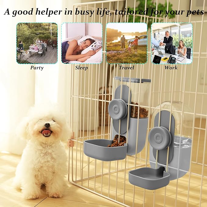 Kenond Hanging Automatic Food Water Dispenser, 35oz Rabbit Feeder Guinea Pig Water Bottle Feeder for Ferret Guinea Pig Rabbit Bunny Cage Accessories(Gray)