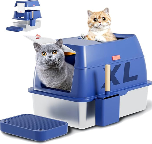Stainless Steel Cat Litter Box with Lid Extra Large Open-Top Dual Entry Enclosed Metal Pan Tray with High Sides Pedal Scoop Non-Stick Anti-Leakage Easy Cleaning for Big Multi-Cat (Blue)