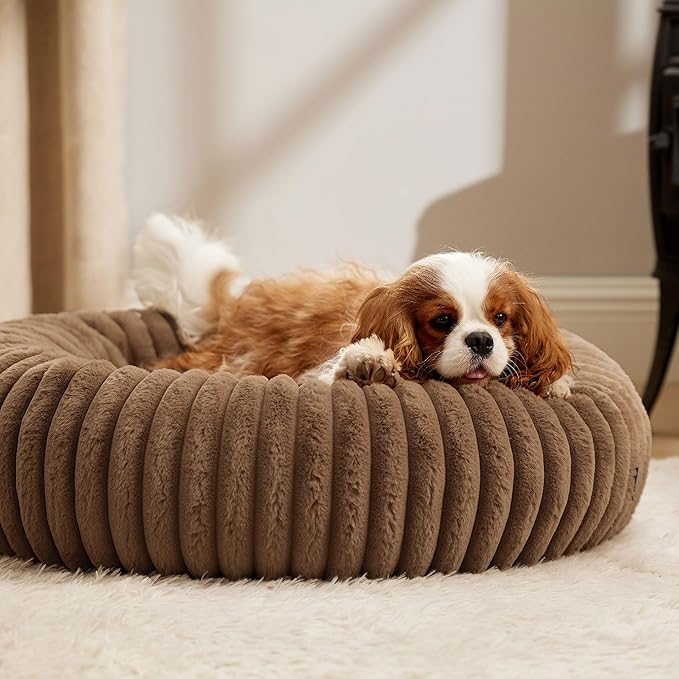 Bedsure Donut Medium Dog Bed - Washable Faux Fur with Corduroy Fleece & Anti Slip Bottom, Round Pet Bed with Removable Cover, Copper Brown, 30x30x8 inches