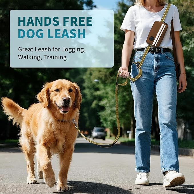Hands Free Dog Leash with Removable Zipper Pouch, Dual Padded Handles and Durable Bungee for Walking, Jogging and Running-Brown