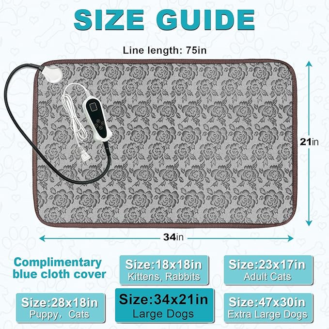 Large Dog Heating Pad for Dogs, Pet Heating Pad Electric, Waterproof, Heated Dog Bed with Timer, with Smart Thermostat Switch, Add Wire Rope with Blue Fabric Cover (Rose, 34x21 in)