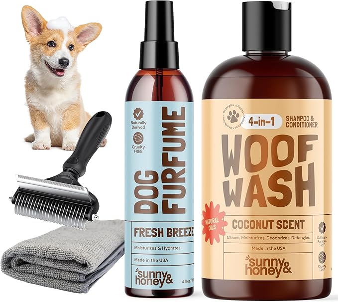 Sunny & Honey Professional Dog Shampoo Bundle - 16 oz Coconut Shampoo & 8 oz Breeze Perfume - 4-in-1 Cleanse & Condition - Includes Deshedding Brush, Microfiber Towel & Deodorizing Cologne Spray