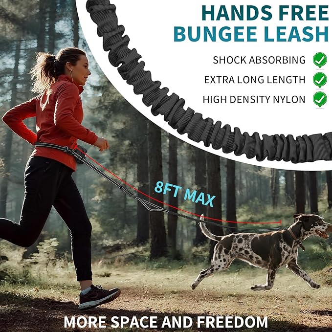 Hands Free Dog Leash with Removable Zipper Pouch, Dual Padded Handles and Durable Bungee for Walking, Jogging and Running-Black