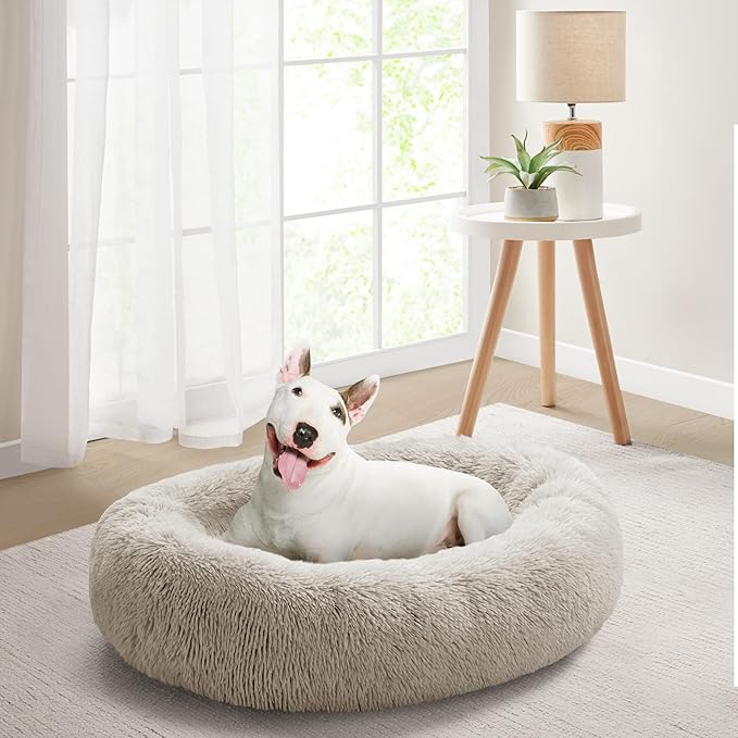 Friends Forever Serena Donut Memory Foam Orthopedic Dog Bed, Soft Faux Fur Oval Cat Couch For Indoor Pet, Fluffy Calming Plush Shag, Round Bolster Cushion, Machine Washable Cuddler, Tan, 36"x27"x7.5"