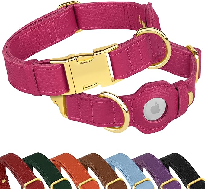 Leather Airtag Dog Collar - Soft Tracking Dog Collar with Apple AirTag Holder and Metal Buckle - Safety GPS Pet Collars for Small Medium Large Dogs Puppy Pink Red (Pink, XS, 9"-12" Neck Fit)