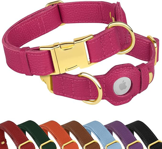 Leather Airtag Dog Collar - Soft Tracking Dog Collar with Apple AirTag Holder and Metal Buckle - Safety GPS Pet Collars for Small Medium Large Dogs Puppy Pink Red (Pink, L, 17"-21" Neck Fit)