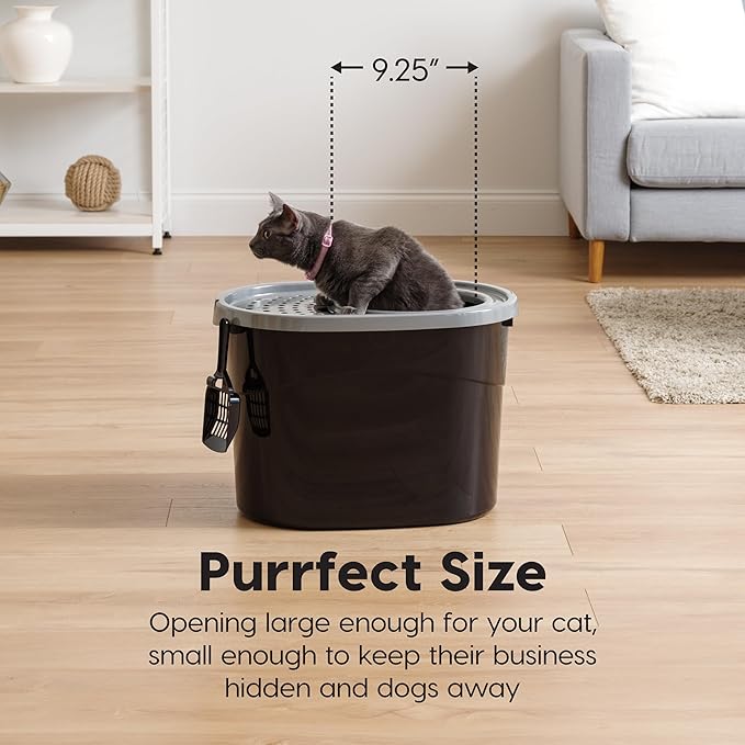 IRIS USA Top Entry Cat Litter Box, Large Enclosed with Litter Catching Lid and Scoop, Dog Proof, Cat Litter Box, Black/Gray
