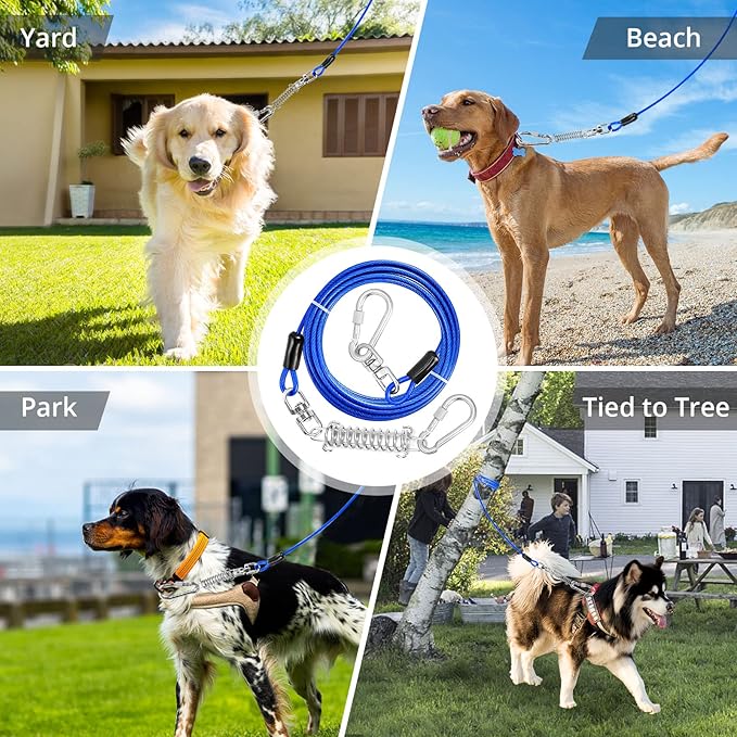 Jenico Dog Tie Out Cable, 10-150FT Runner Cable with Swivel Hook and Shock Spring, Yard & Camping Dog Leash Tether for Small to Medium Pets Up to 500 LBS