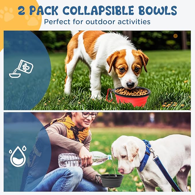 Large Collapsible Dog Bowls, 2 Pack 34oz Portable Travel Dog Bowls, Foldable Water Bowl for Dogs, Pet Feeding Watering Dish with Carabiner, Food Grade Silicone BPA Free(Red+Black, L)