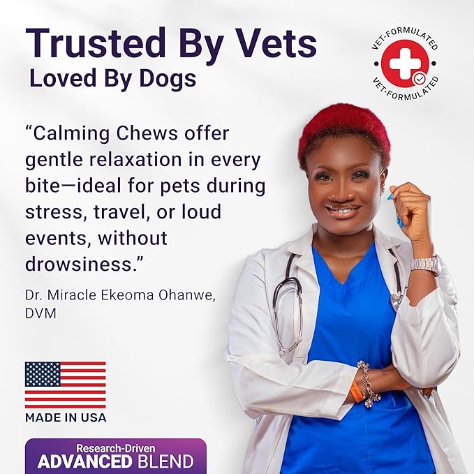 Calming Chews for Dogs Relaxation & Hyperactivity – Chamomile, Passion Flower, Valerian Root & Tryptophan Infused Calming Bites for Dog Anxiety Relief – Made in USA – 140 Count