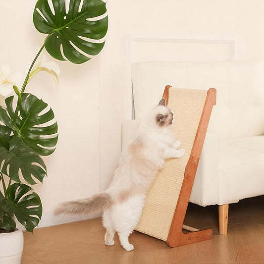 Large-28.5" Sisal Cat Scratcher of L-Shaped Solid Wood Cat Scratching Post - Beechwood Base, Natural Sisal Woven Scratching Pad, Durable, Furniture Protector for Cats' Clawing and Play