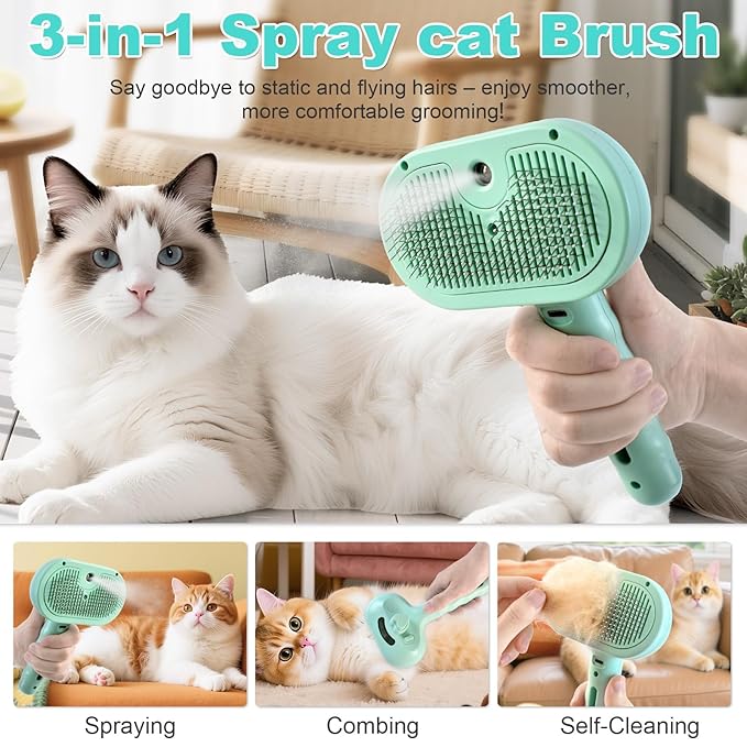 3-in-1 Pet Steam Brush for Dog Cat,Double-Sided Undercoat Rake for Shedding & Grooming,Spray Pet Hair Removal & Deshedding Dematting Comb for Long Short Haired,2 PCS