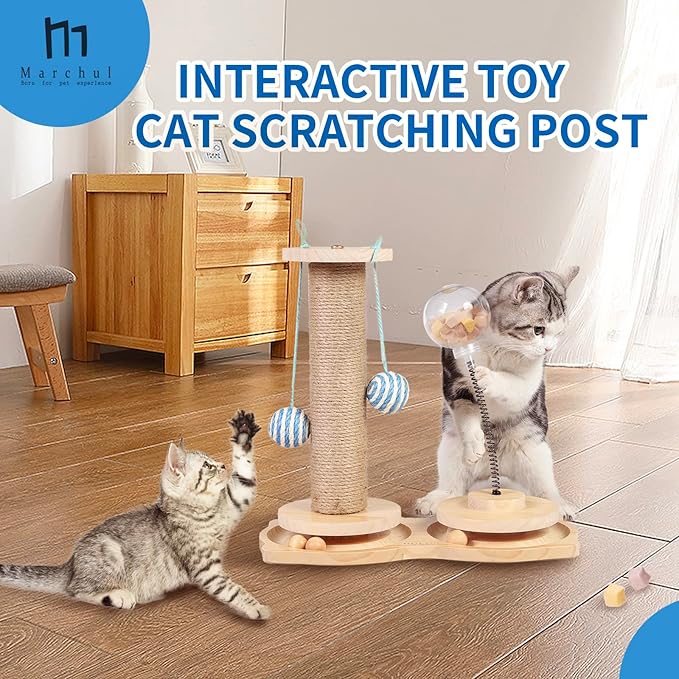 Marchul 4 in1 Interactive Cat Toy, Natural Sisal Cat Scratching Post with Hanging Balls, Cat Toys with Roller Track by Wooden, Kitten Food Feeder with Treat Ball for Indoor Kittens