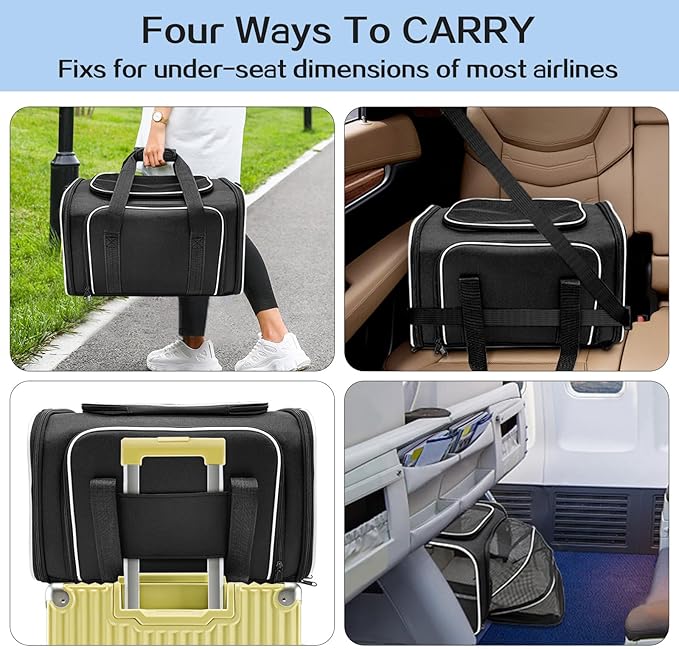 Cat Carrier Airline Approved Pet Carrier, Expandable Foldable Soft-Sided Dog Carrier, 3 Open Doors, 2 Reflective Tapes, Pet Travel Bag Safe and Easy for Cats and Dogs(Black)