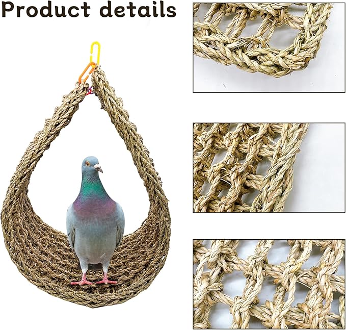 Bird Seagrass Mat 39.4×7" Natural Grass Woven Net Hammock Hanging on Parrot Cage with Hooks Parakeet Climbing Rope Ladder Chew Toys for Lovebird Cockatiel Conure Budgie Cockatoo Supplies