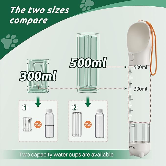 PUPIHOM17OZ 3 in 1 Portable Dog Water Bottle, Outdoor Dog Water Dispenser with Poop Bag, Pet Travel Water Bottle Dispenser with Drinking Feeder and Food Container for Dogs Walk Travel, Length 15.55"