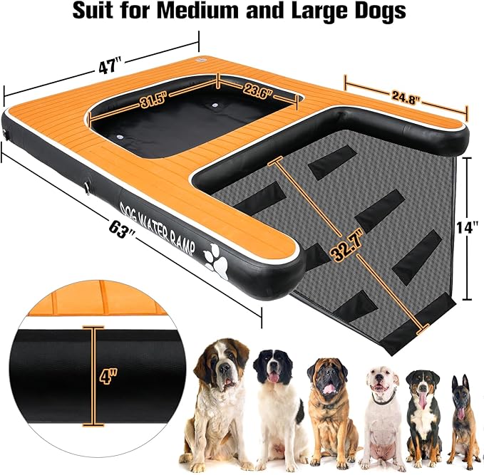Inflatable Dog Water Platform and Dog Water Ramp 2 in 1, Upgrated Pet Floating Ladder with Non-Slip EVA Foam for Large Dogs Up to 180LBS, Suit for Pool, Lake, Dock and Boat(Large, Brown)