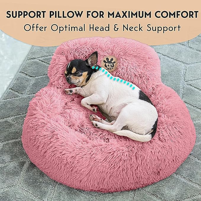 PetJett Calming Dog Bed for Small Dogs – 23" Donut Dog Beds, Anti-Slip & Washable Fluffy Plush Faux Fur Pet Bed, Anti-Anxiety Premium Comfort Round Puppy Bed, Fits Dogs up to 25 lbs – Pink