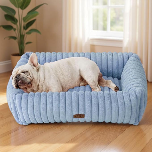 Bedsure Washable Dog Bed for Medium Dogs - Cute Furry Puppy Beds, Rectangle Orthopedic Corduroy Fleece Pet Beds with Removable Zipper Cover, 30x24x8inches, Blue