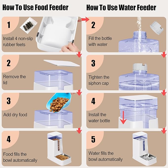 Automatic Cat Feeder and Cat Water Dispenser Set with Stainless Steel Bowls Gravity Dog Feeder for Small Medium Big Dog Pets Puppy Kitten, 3.8L x 2