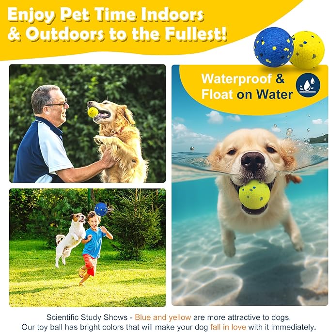 2 Pack Dog Balls Indestructible Tennis Balls for Dogs Durable Bouncy Dog Toy Balls for Aggressive Chewers Interactive Dog Toys for Water Toy Fetch Balls (Yellow,Blue)