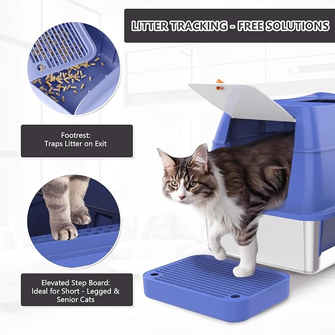 Stainless Steel Cat Litter Box with Lid Extra Large Open-Top Dual Entry Enclosed Metal Pan Tray with High Sides Pedal Scoop Non-Stick Anti-Leakage Easy Cleaning for Big Multi-Cat (Blue)