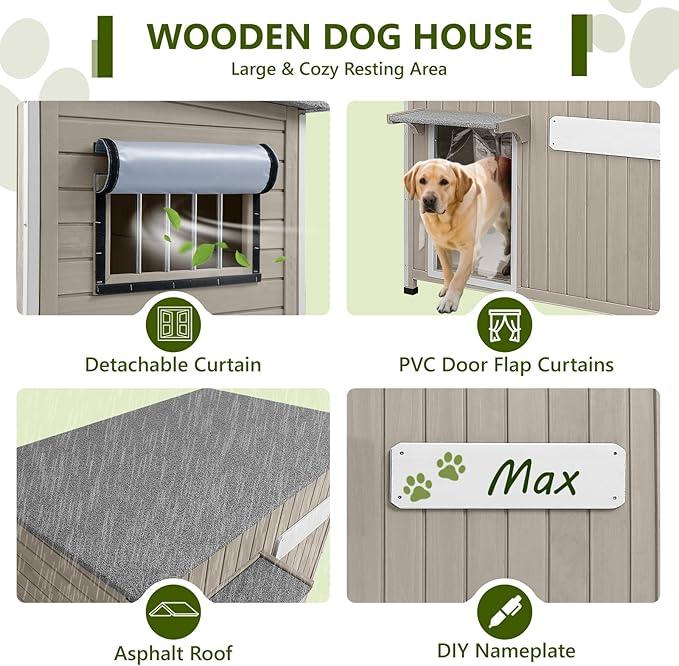 Large Dog House Outdoor XL Wooden Dog House with Weatherproof Asphalt Roof, Chew-Resistant Frame, Removable Floor, for Medium to Large Dogs Indoor Outdoor Use (Grey, 43.3"L x 29.5"W x 33.5"H)
