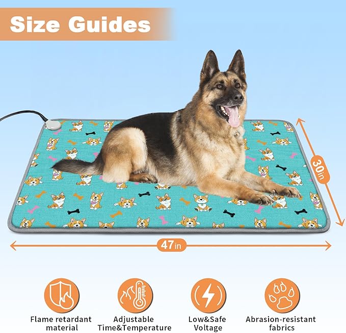 Large Pet Heating Pad (30x47in) Temperature Adjustable Dog Cat Heating Pad with Timer, Waterproof Heated Cat Bed Mat with Chew Resistant Cord