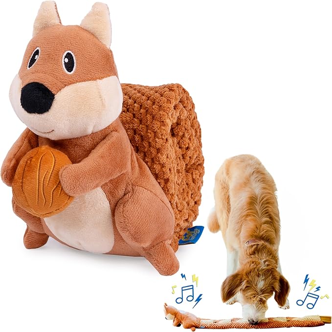 Crinkle Dog Toy Plush Toy - Long Tug-of-War Squeaky Dog Toy Boredom Buster Toys with Snack Pockets - Durable Enrichment Mentally Stimulating Toys for Dogs Small, Medium, Large - Squirrel
