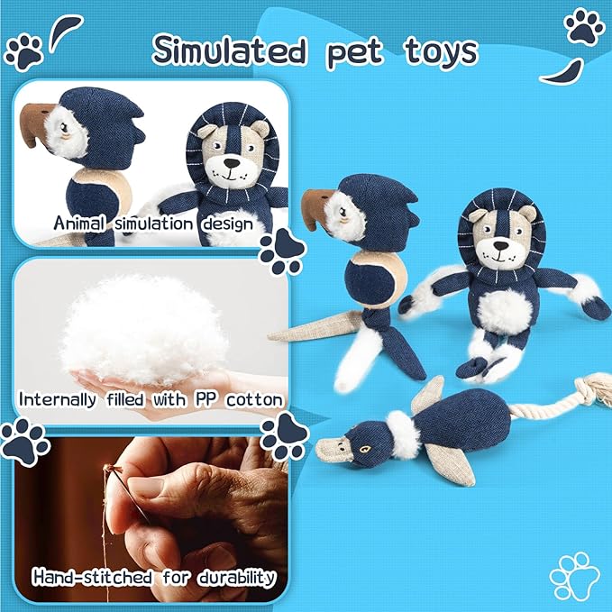 Durable Squeaky Dog Toy Set with Tug Rope | 3-Pack Interactive Plush Toys for Small to Extra Small Dogs | Animal Shapes – Lion, Parrot & Duck | Chew, Play, and Tug of War | Pet Toy Set
