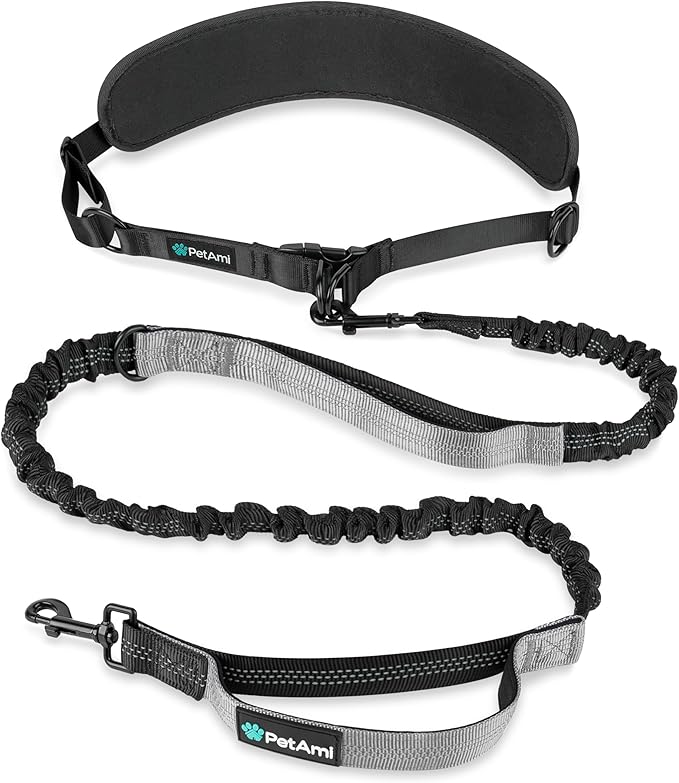 PetAmi Heavy Duty Hands Free Dog Leash, Adjustable Waist Belt for Large Dog Walking Up to 125 lbs, Bungee Leash for Pet Running, Hiking, Reflective Safety for Jogging, Biking, Grey Handle