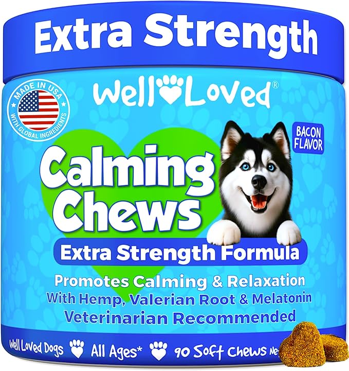 Calming Chews for Dogs - Dog Calm Treats, Made in USA, Vet Recommended, Behavior Support with Melatonin & Hemp, Stress, Separation, Fireworks, Travel, Extra Strength
