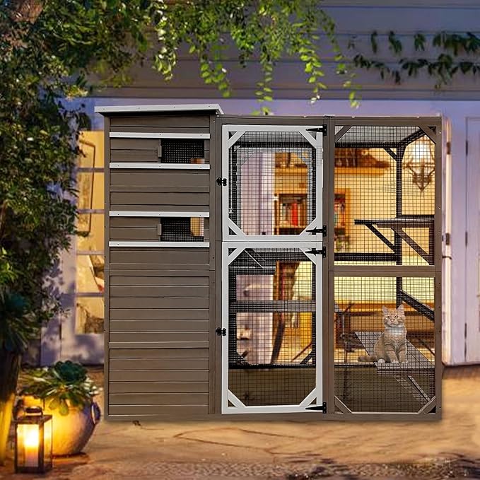 Large Catio Outdoor Cat Enclosure, Weatherproof Cat House Attached to Window for Multi Cats, 4 Story Wooden Kitten Condo Asphalt and UV Protection Roofs, Multi Platforms 153.6" L x 70" H