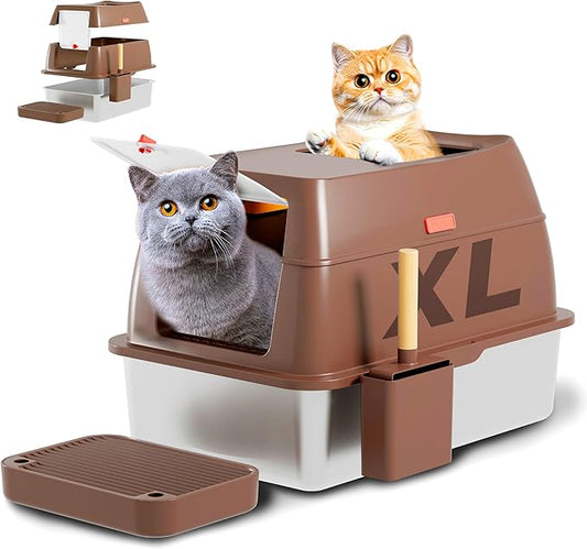 Stainless Steel Cat Litter Box with Lid Extra Large Open-Top Dual Entry Enclosed Metal Pan Tray with High Sides Pedal Scoop Non-Stick Anti-Leakage Easy Cleaning for Big Multi-Cat (Brown)