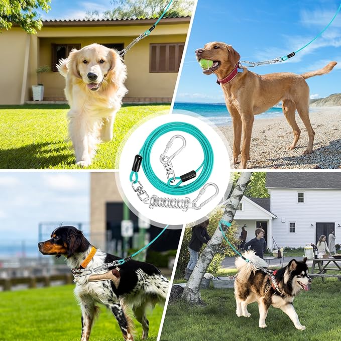 Jenico Dog Tie Out Cable, 10-150FT Runner Cable with Swivel Hook and Shock Spring, Yard & Camping Dog Leash Tether for Small to Medium Pets Up to 500 LBS