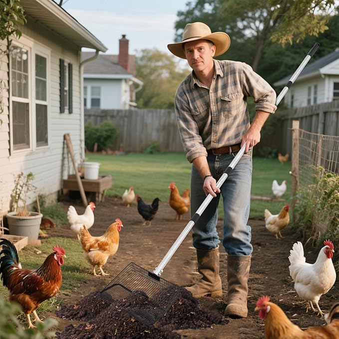 Large Metal Chicken Poop Scooper, 36 to 75" Adjustable Long Chicken Coop Litter Scoop with Stainless Steel Handle, Durable Sand Sifting Litter Shovel for Chicken Coops & Small Farm Animals
