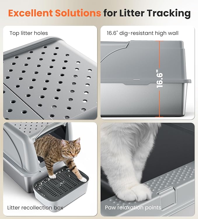 Stainless Steel Cat Box Dual Entrance XXL Large Litter Box for Cats, Covered Metal Kitty Litter Box with Flip Door, 16.6” High Wall& Litter Scoop, Gray 2 Pack