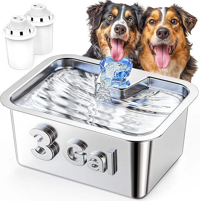 3 Gallon Large Dog Water Fountain, Stainless Steel Pet Water Fountain for Large Dogs, Automatic Big Dog Water Bowl Dispenser Drinking with 2 Filters, Easy to Clean, Quiet Pump