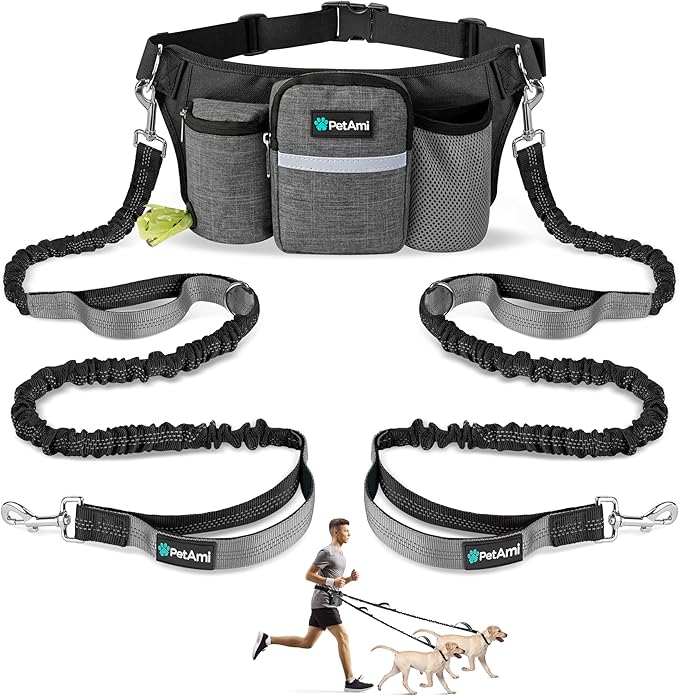 PetAmi Premium Hands Free Dog Leash for 2 Dogs, Adjustable Waist Belt Leash for Dog Walking, Fanny Pack Accessories Bag Dual Bungee Leash for Running, Hiking, Jogging, Biking, Charcoal Grey