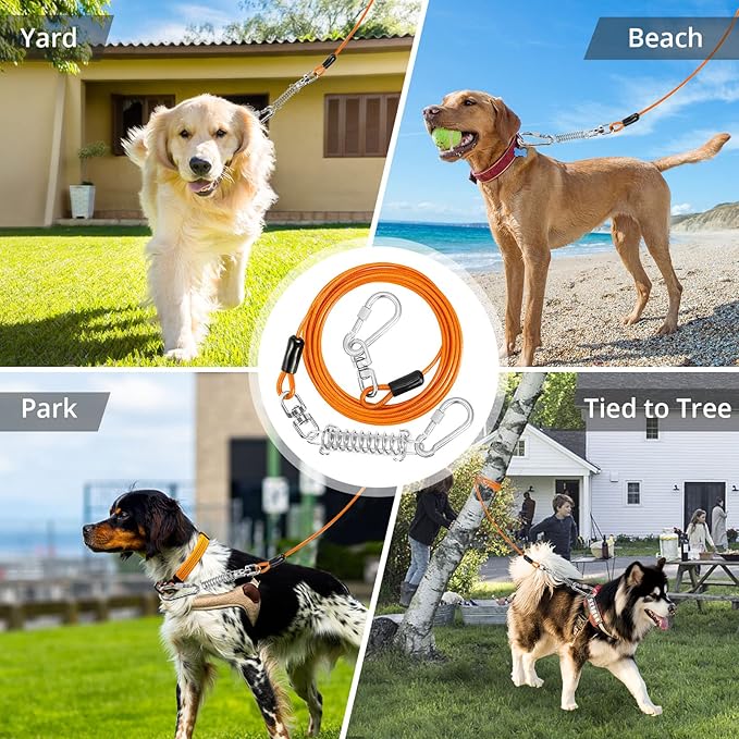 Jenico Dog Tie Out Cable, 10-150FT Runner Cable with Swivel Hook and Shock Spring, Yard and Camping Dog Leash Tether for Small to Medium Pets Up to 500 LBS