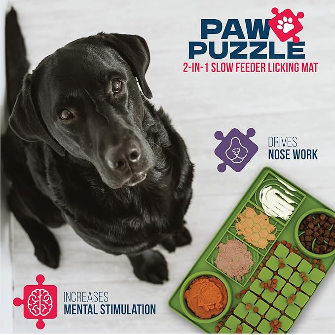 Palz&Co Paw Puzzle 2-in-1 Slow Feeder & Lick Mat for Dogs and Cats, Dry and Wet Food, Dishwasher Safe Silicone, Large 15.75"x10.5", Green