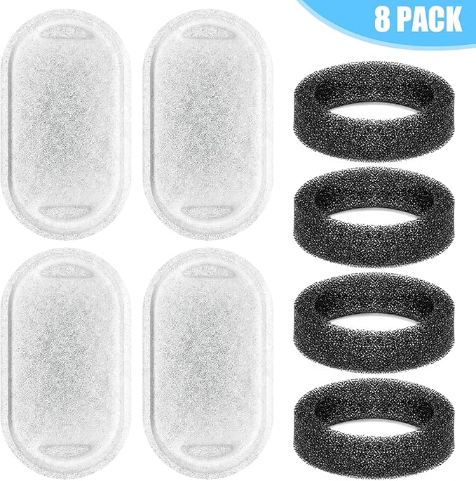 Cat Water Fountain Filter, 4 Pcs Cat Filters Replacement Pet Water Fountain Filters with 4 Pcs Sponges Foam for 67oz/2L & 108oz/3.2L Stainless Steel Automatic Cat Water Fountain Dispenser Filters