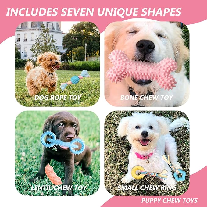 7 PCS Puppy Toys,Puppy Chew Toys for Teething Small Dogs Toys for Puppies 0-6 Months,Pink Cute Rubber Dog Rope Toys for Puppies Anxiety Relief Cleaning Teeth and Protect Oral Health.
